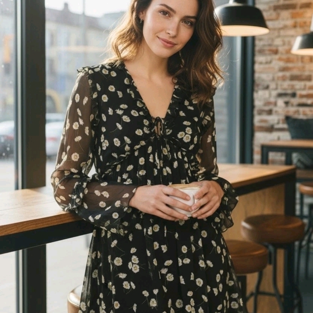 The Kooples Black and White Silk Floral Long Sleeve Dress French Brand See Mesur - Picture 7 of 16
